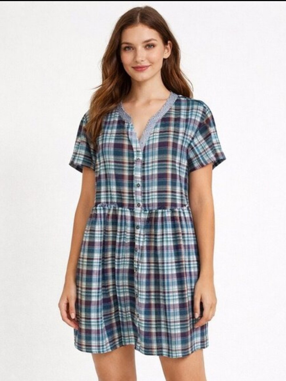 Anthro Hyku Plaid Cotton Shirt Dress Boho Preppy Coastal Mini Button-Down M